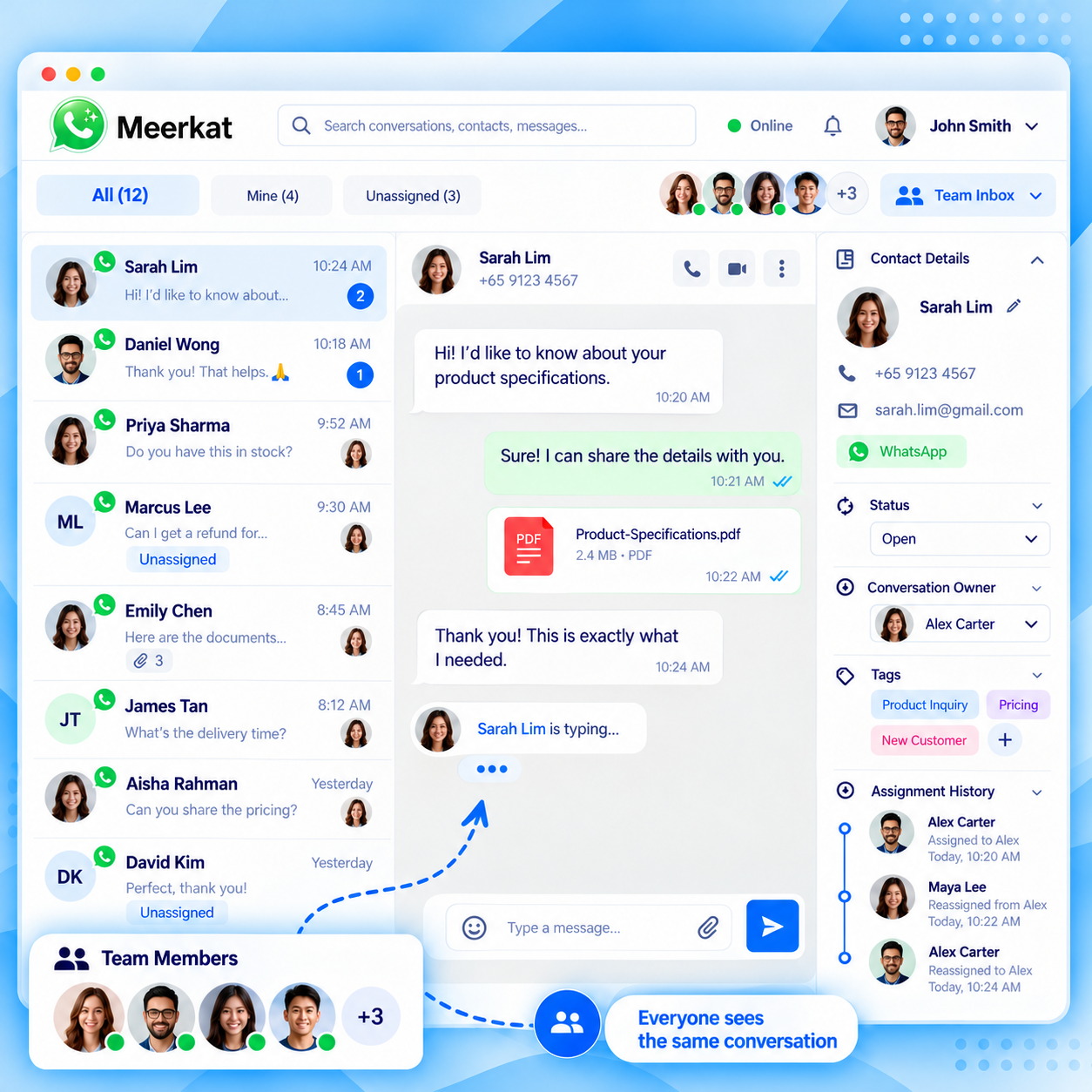 Illustration of the Meerkat shared team inbox showing customer conversations, team members, and conversation owner